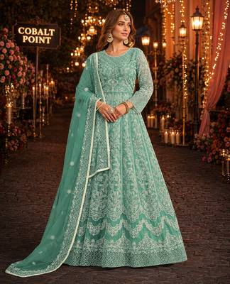 Sky blue embroidered net semi stitched anarkali suit 1