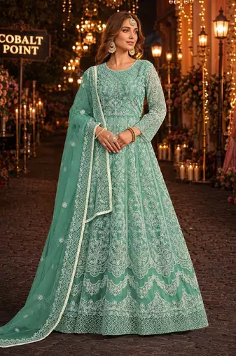Sky blue embroidered net semi stitched anarkali suit