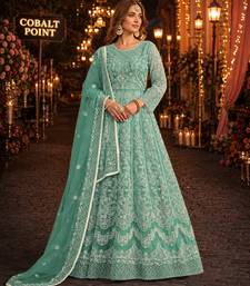Sky blue embroidered net semi stitched anarkali suit