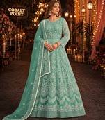 Sky blue embroidered net semi stitched anarkali suit