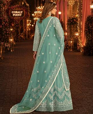 Sky blue embroidered net semi stitched anarkali suit 2