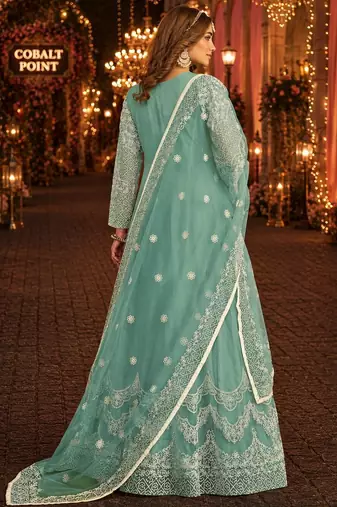Sky blue embroidered net semi stitched anarkali suit