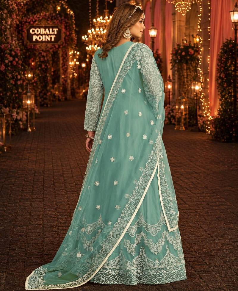 Sky blue embroidered net semi stitched anarkali suit