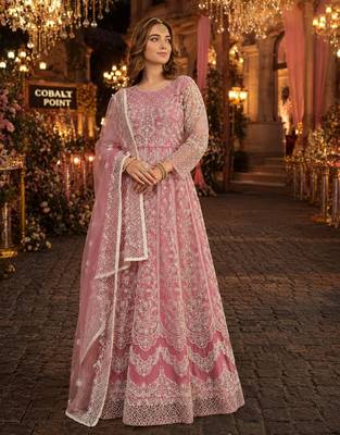 Pink embroidered net semi stitched anarkali suit 1