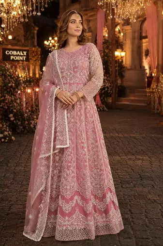 Pink embroidered net semi stitched anarkali suit