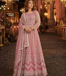 Pink embroidered net semi stitched anarkali suit