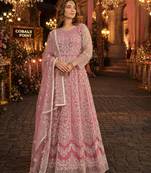 Pink embroidered net semi stitched anarkali suit