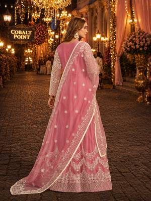 Pink embroidered net semi stitched anarkali suit 2