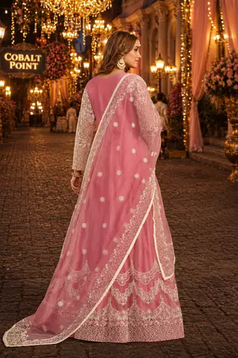 Pink embroidered net semi stitched anarkali suit