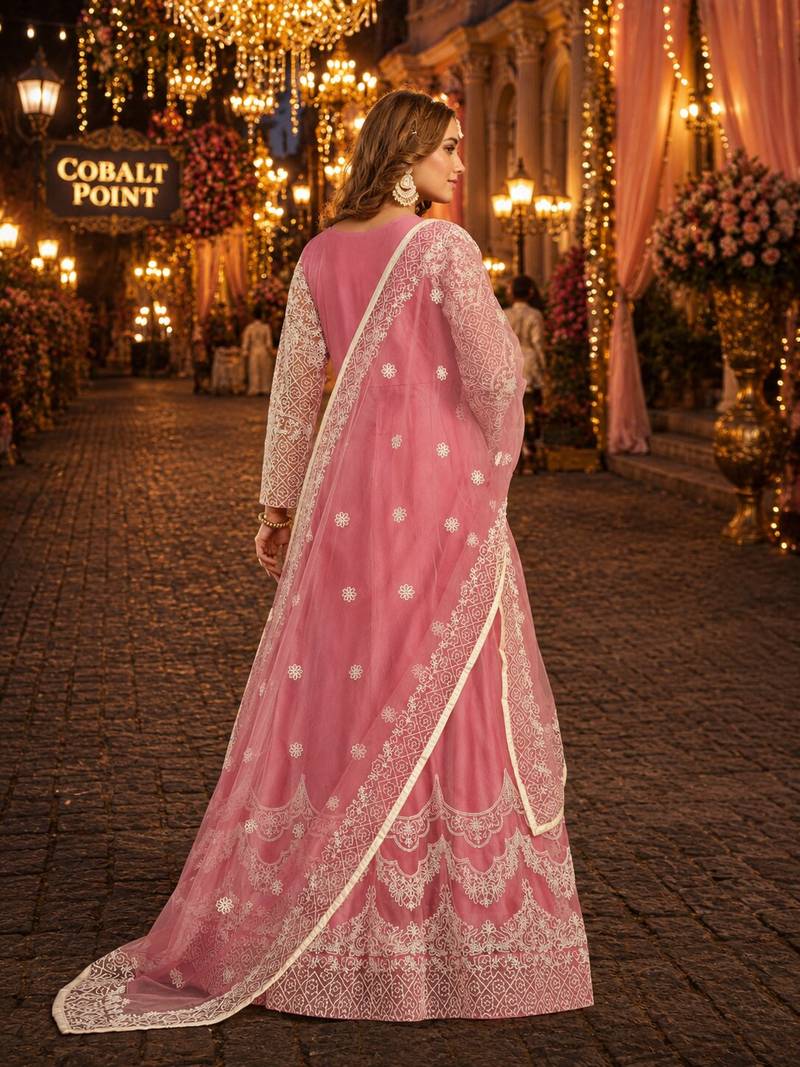 Pink embroidered net semi stitched anarkali suit
