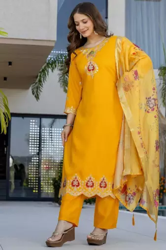 Yellow chanderi embroidered kurta set