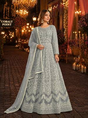 Grey embroidered net semi stitched anarkali suit 1