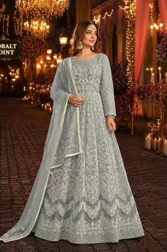 Grey embroidered net semi stitched anarkali suit