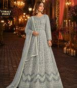 Grey embroidered net semi stitched anarkali suit