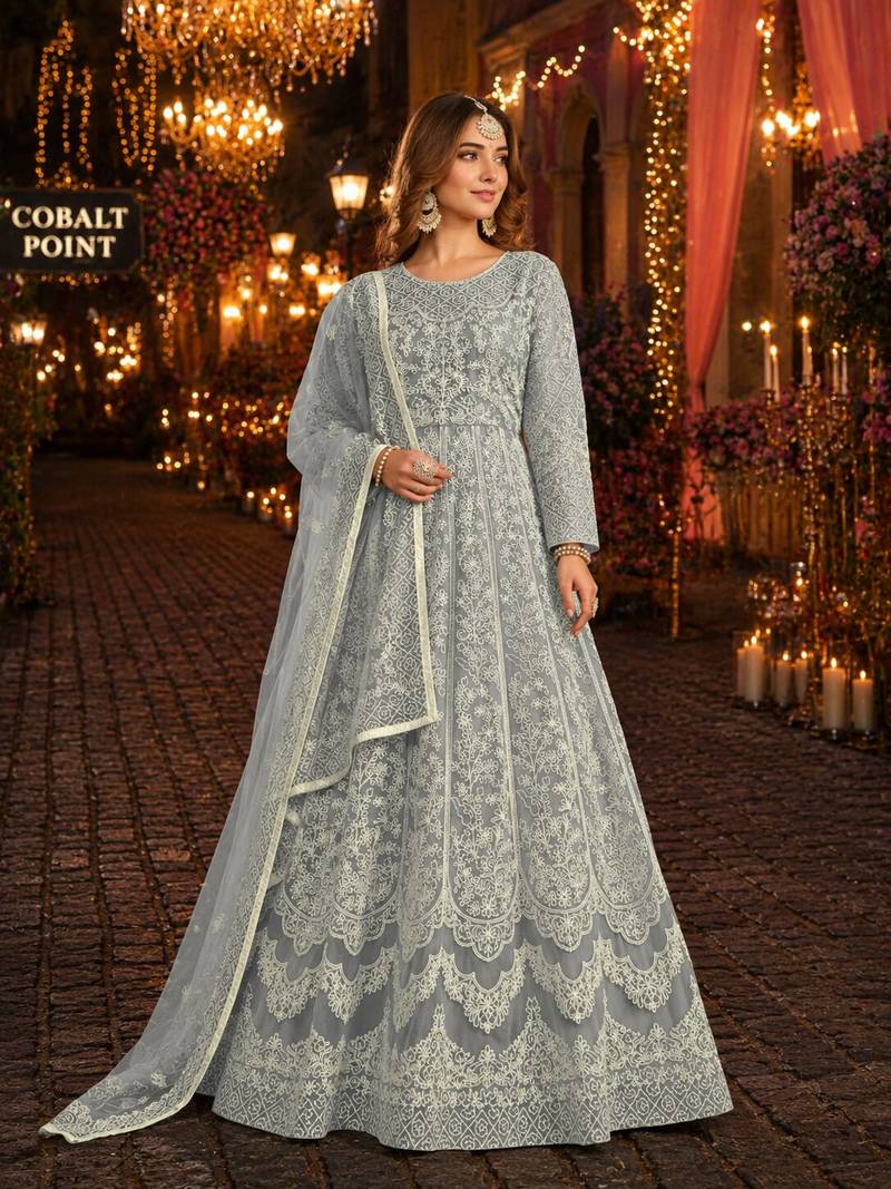 Grey embroidered net semi stitched anarkali suit