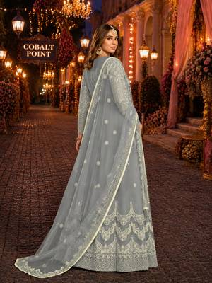 Grey embroidered net semi stitched anarkali suit 2