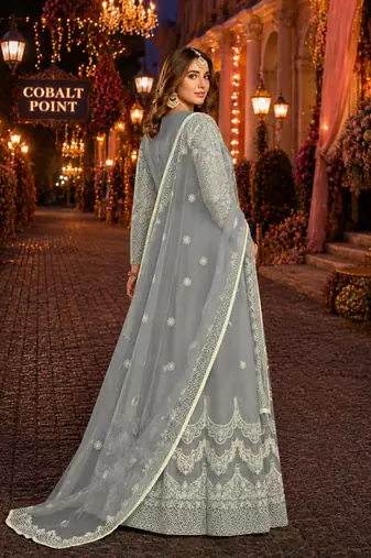 Grey embroidered net semi stitched anarkali suit