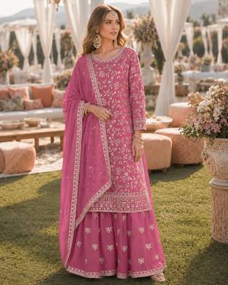 Pink embroidered faux georgette semi stitched salwar suit 1