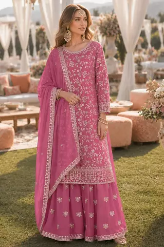 Pink embroidered faux georgette semi stitched salwar suit