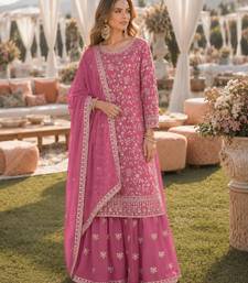 Pink embroidered faux georgette semi stitched salwar suit