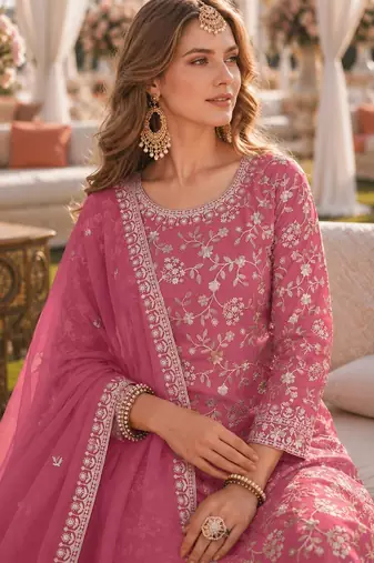 Pink embroidered faux georgette semi stitched salwar suit