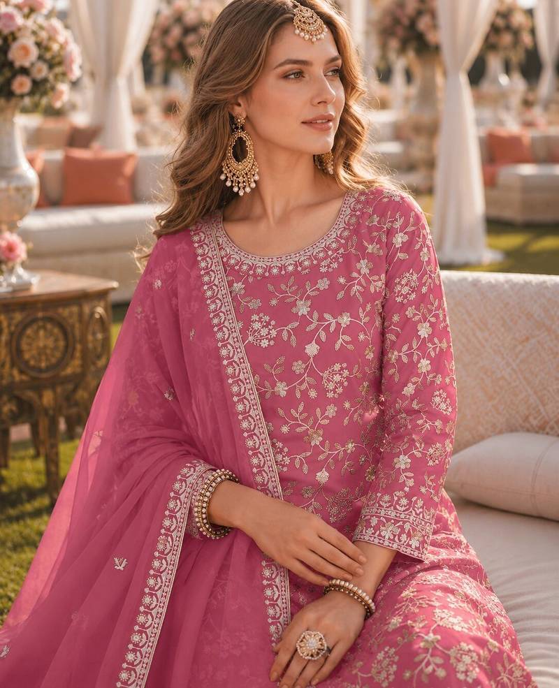 Pink embroidered faux georgette semi stitched salwar suit