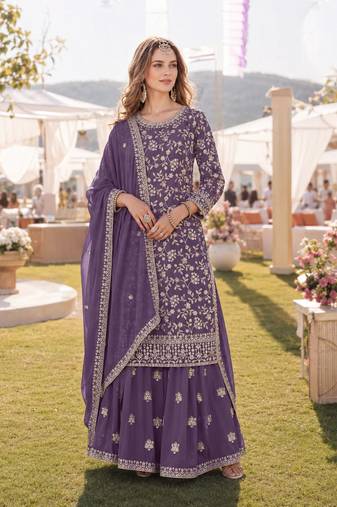 Lavender embroidered faux georgette semi stitched salwar suit