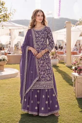 Lavender embroidered faux georgette semi stitched salwar suit