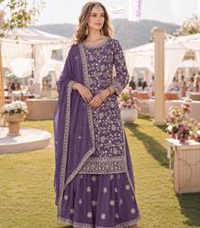 Lavender embroidered faux georgette semi stitched salwar suit