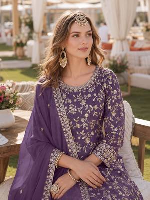 Lavender embroidered faux georgette semi stitched salwar suit 2