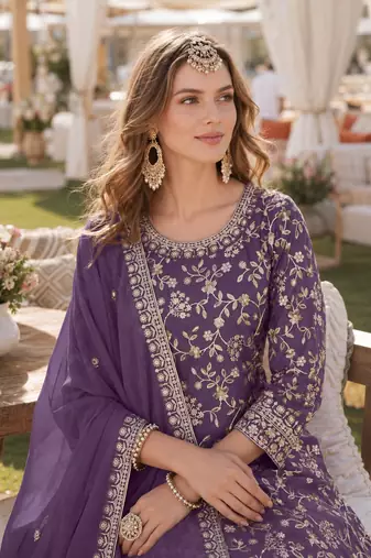 Lavender embroidered faux georgette semi stitched salwar suit