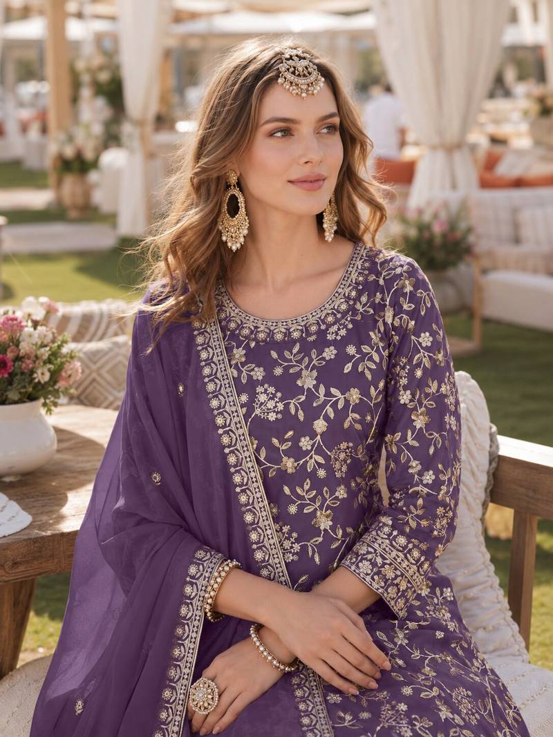 Lavender embroidered faux georgette semi stitched salwar suit