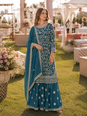 Teal embroidered faux georgette semi stitched salwar suit 1