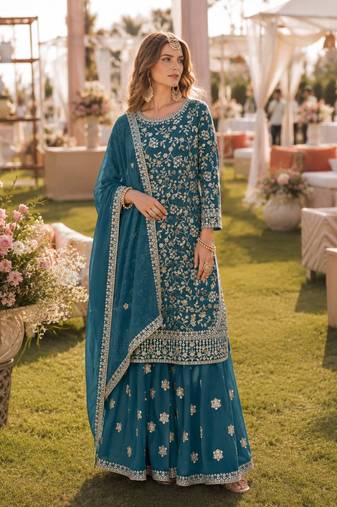Teal embroidered faux georgette semi stitched salwar suit
