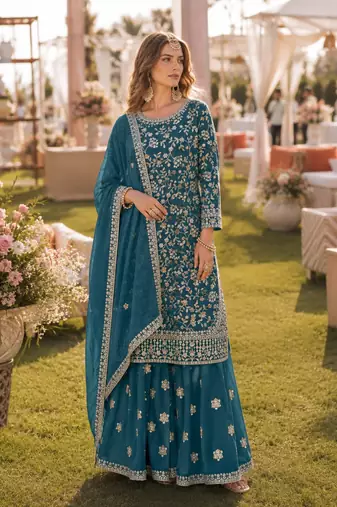 Teal embroidered faux georgette semi stitched salwar suit