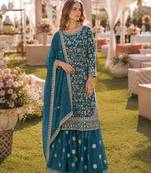 Teal embroidered faux georgette semi stitched salwar suit