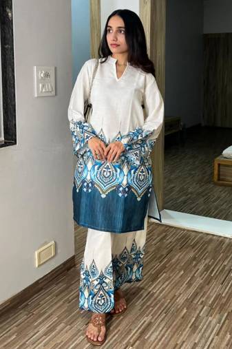 White cotton poly embroidered kurta set