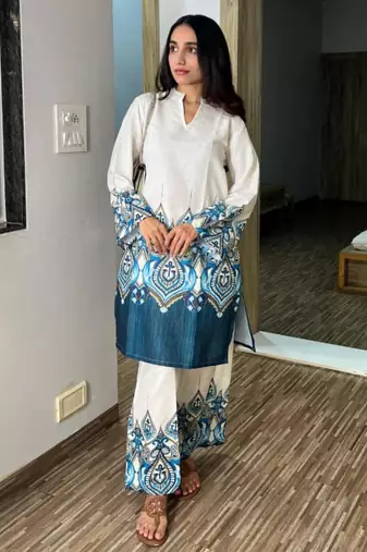 White cotton poly embroidered kurta set