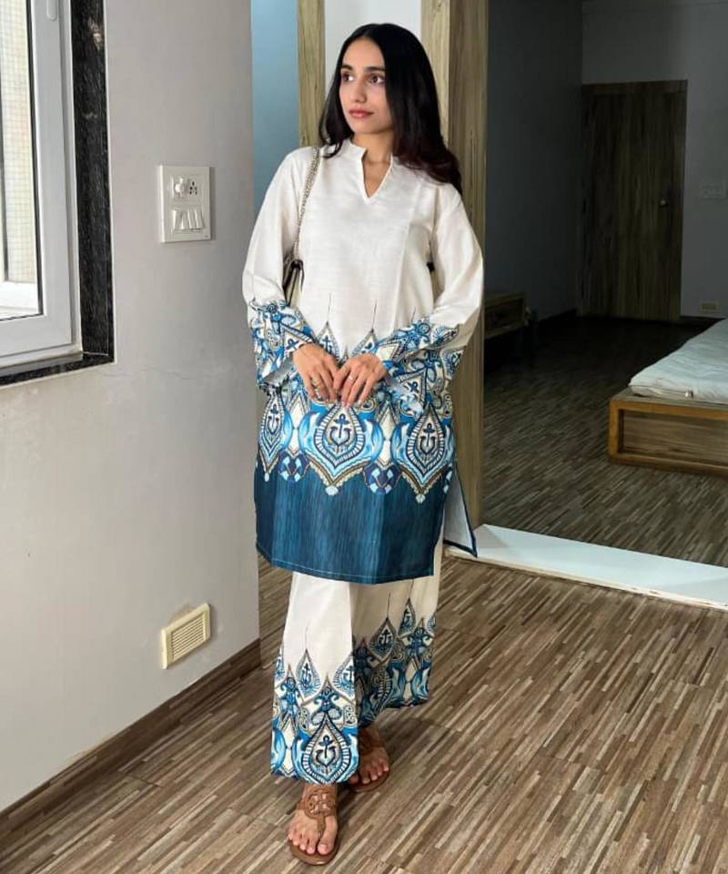 White cotton poly embroidered kurta set