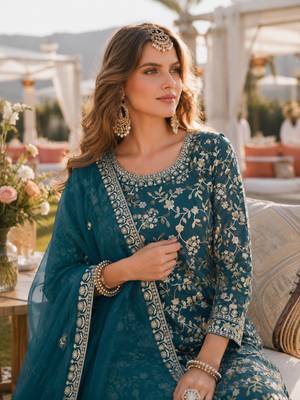 Teal embroidered faux georgette semi stitched salwar suit 2