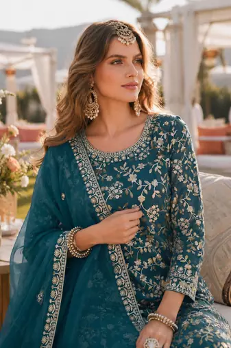 Teal embroidered faux georgette semi stitched salwar suit