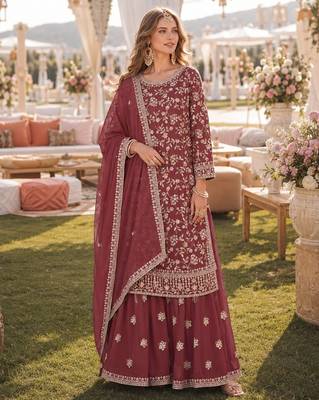 Brown embroidered faux georgette semi stitched salwar suit 1