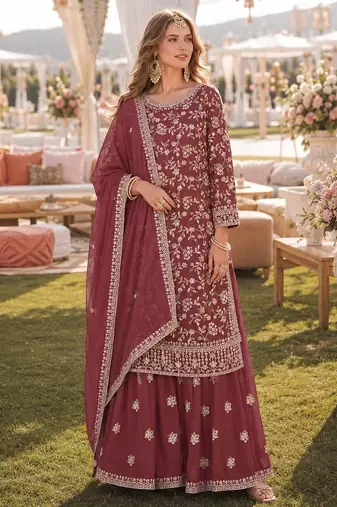 Brown embroidered faux georgette semi stitched salwar suit