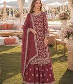 Brown embroidered faux georgette semi stitched salwar suit