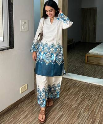 White cotton poly embroidered kurta set 2
