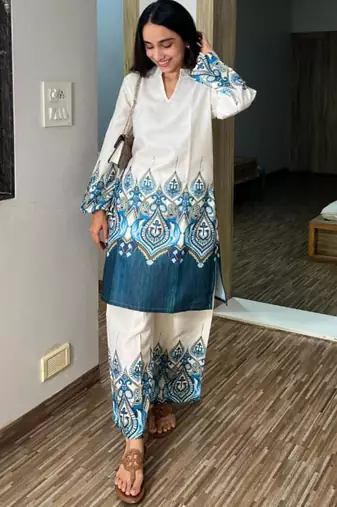 White cotton poly embroidered kurta set