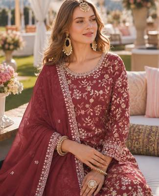Brown embroidered faux georgette semi stitched salwar suit 2