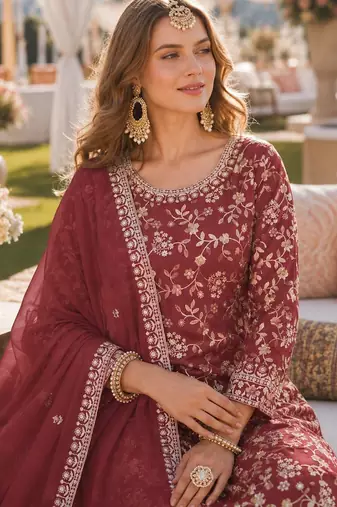 Brown embroidered faux georgette semi stitched salwar suit