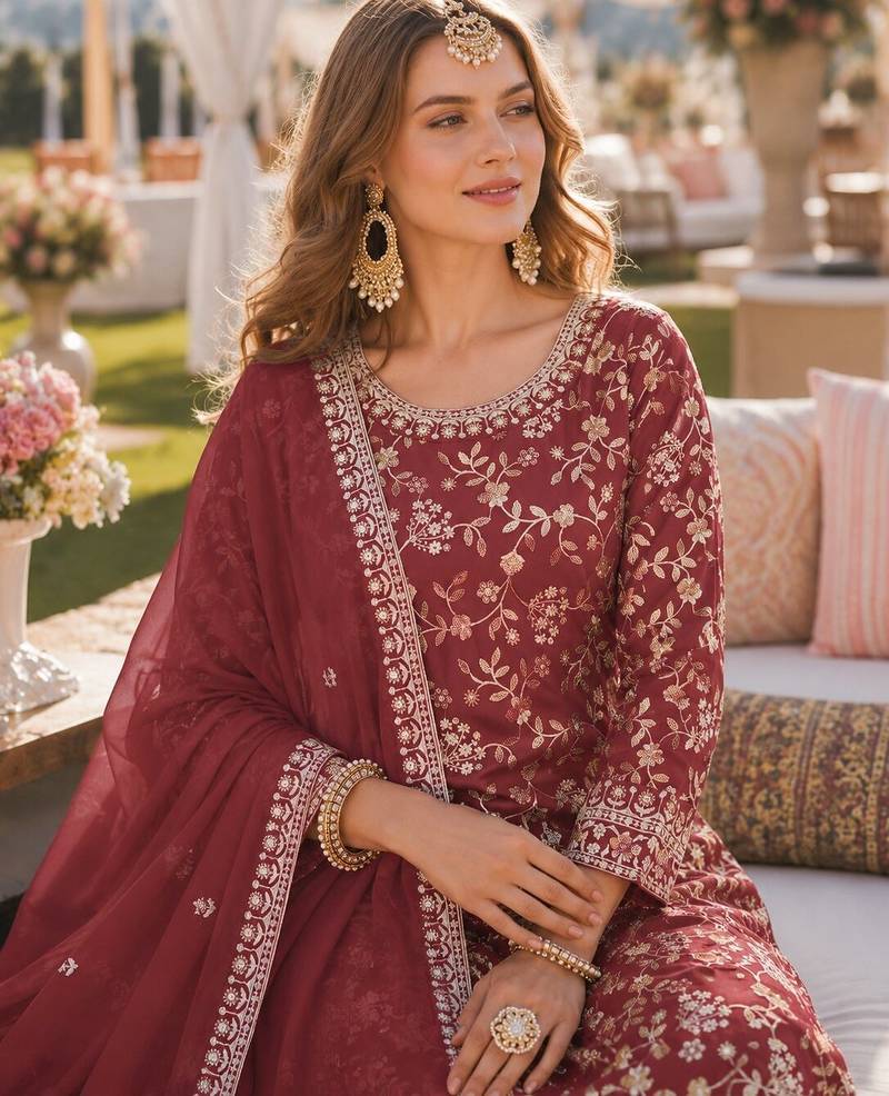 Brown embroidered faux georgette semi stitched salwar suit
