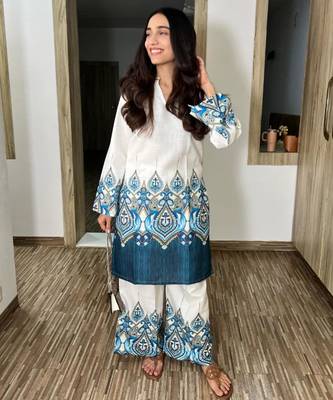 White cotton poly embroidered kurta set 3